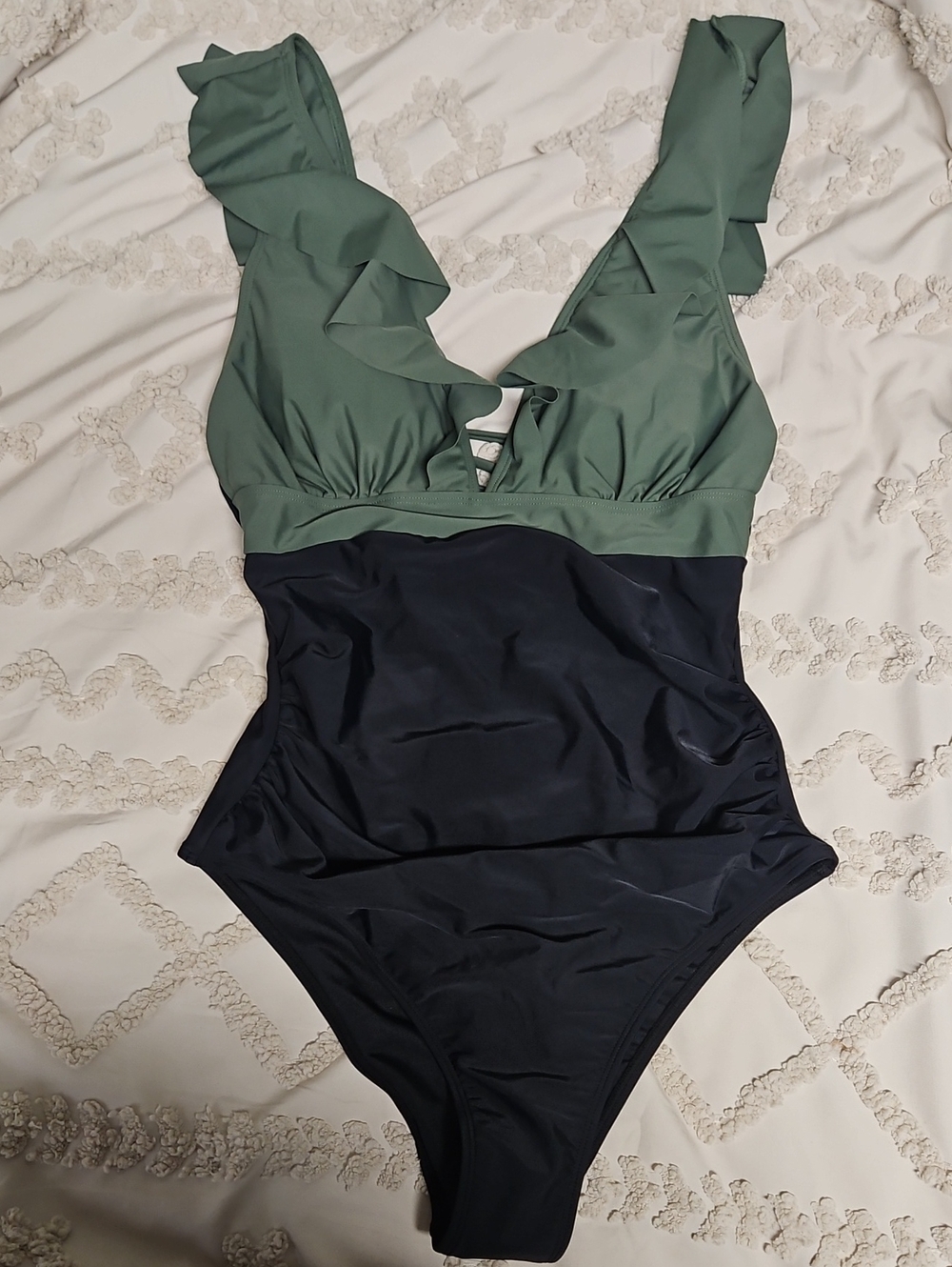 Two-Tone Olive and Black Ruffle One-Piece Swimsuit
